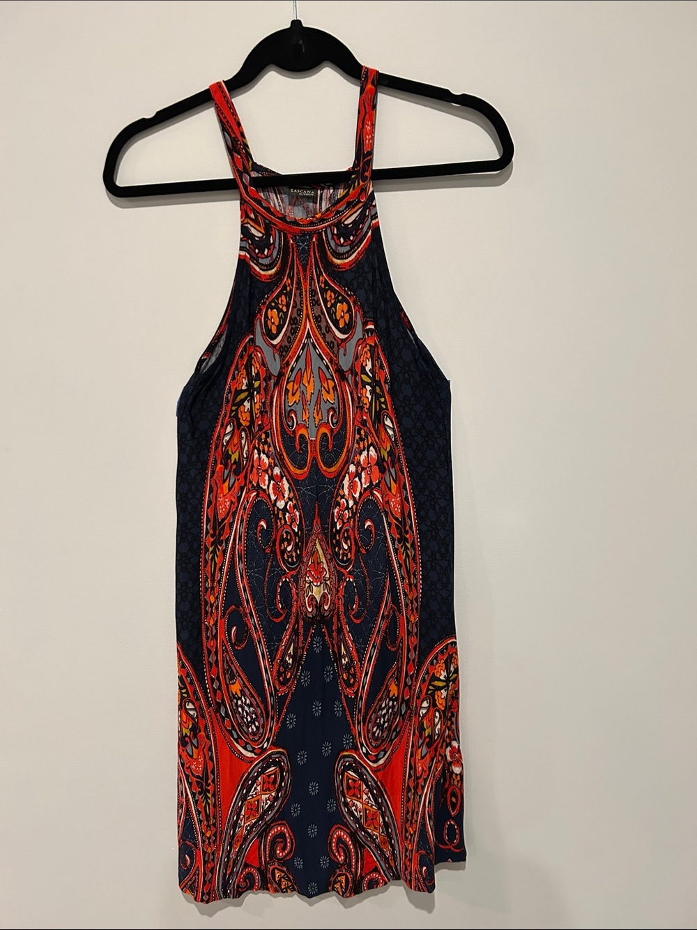 Navy & Red Paisley Halter Mini Dress